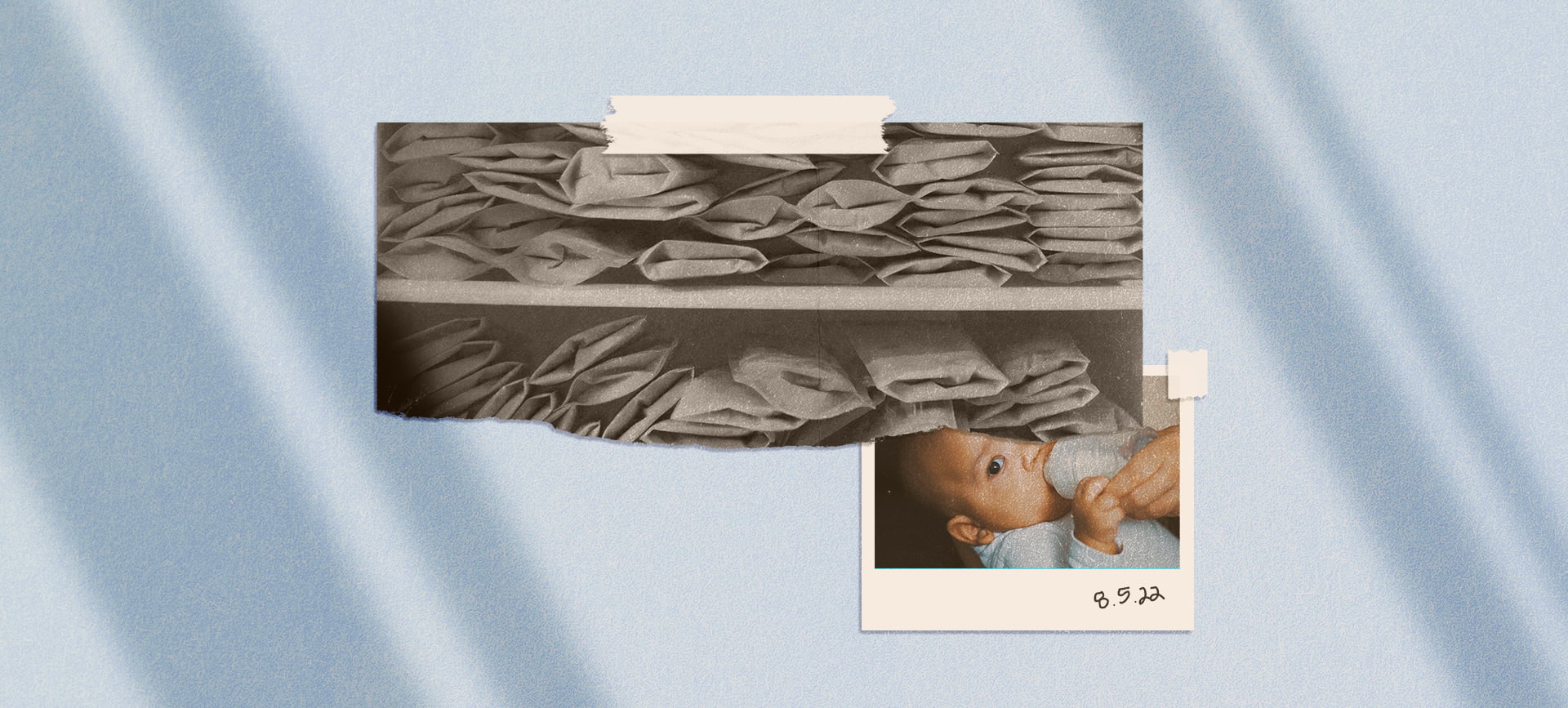 A picture of breast milk supply on a shelf is taped next to a picture of a baby drinking breast milk.