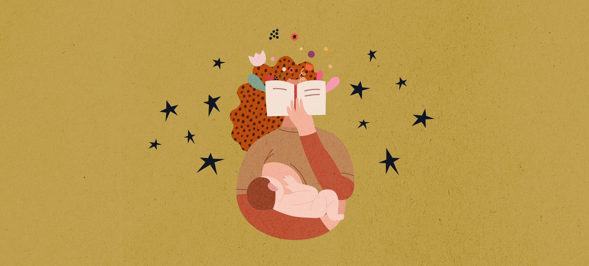 A woman breastfeeds her newborn with one hand while reading a book in her other hand.