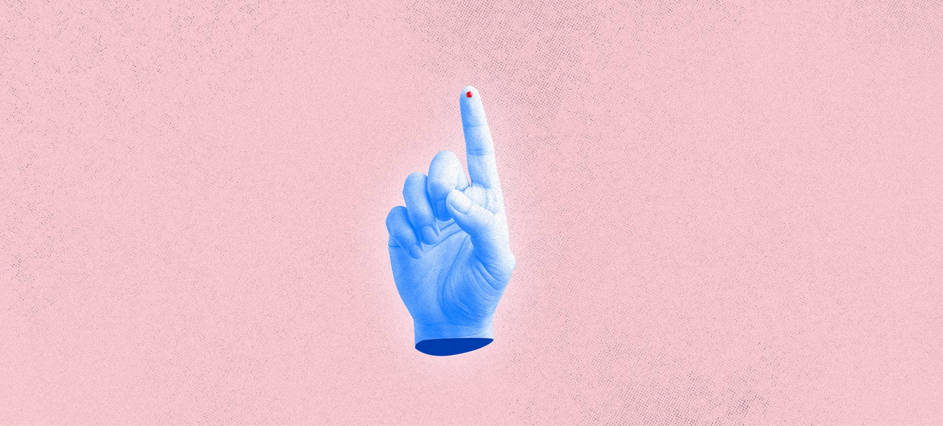A blue hand has a drop of blood on the tip of its index finger against a pink background.