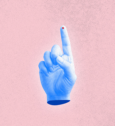A blue hand has a drop of blood on the tip of its index finger against a pink background.