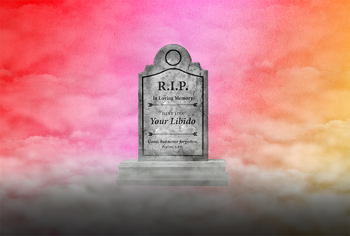 A tombstone for your libido is placed against a multicolor cloudy background with white clouds beneath it.