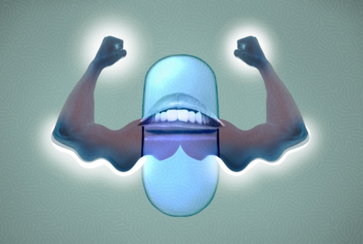 A pill capsule has an upside down smile in the middle and sprouts two flexing arms that have wavy muscles.