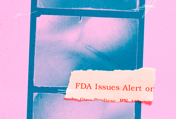 A torn piece of paper with an FDA safety announcement is stuck on a pink and teal image of a breast surgery scar.