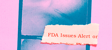 A torn piece of paper with an FDA safety announcement is stuck on a pink and teal image of a breast surgery scar.