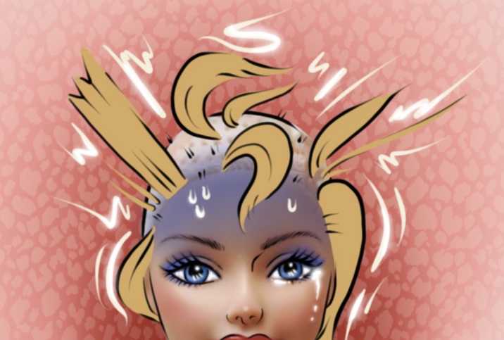A cartoon Barbie head has squiggly lines and blonde clumps of hair all over her scalp.