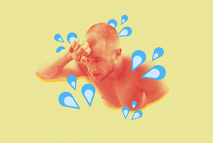 A man leans against his arm in distress after ejaculation as blue water splashes from his red body against a yellow background.
