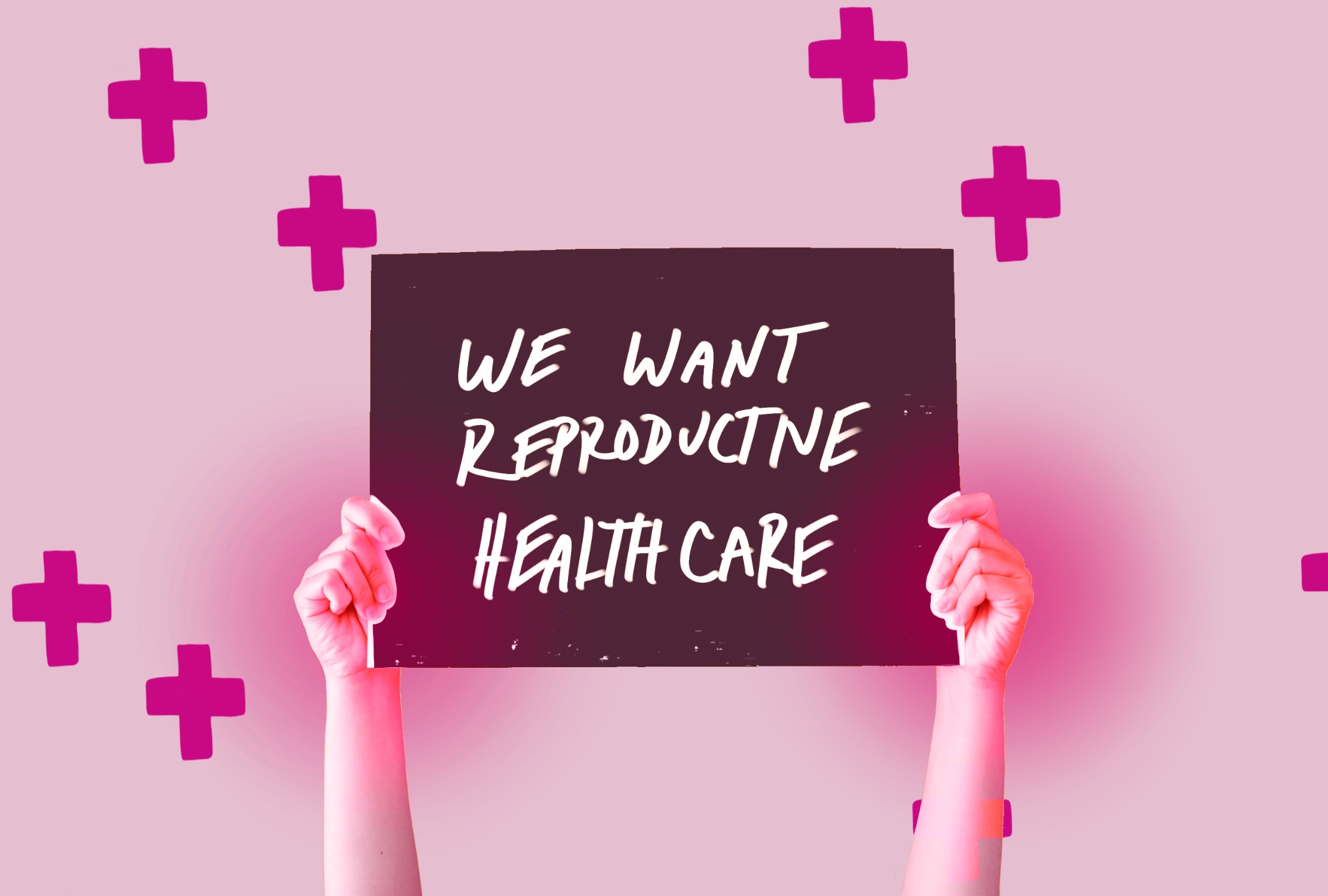 A sign is held up that says We Want Reproductive Healthcare with pink crosses around it.