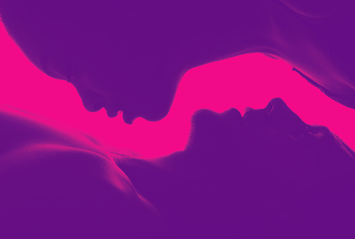 The purple busts of two people lay on top of each other in opposite directions against a pink background.