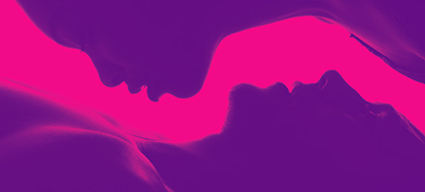 The purple busts of two people lay on top of each other in opposite directions against a pink background.