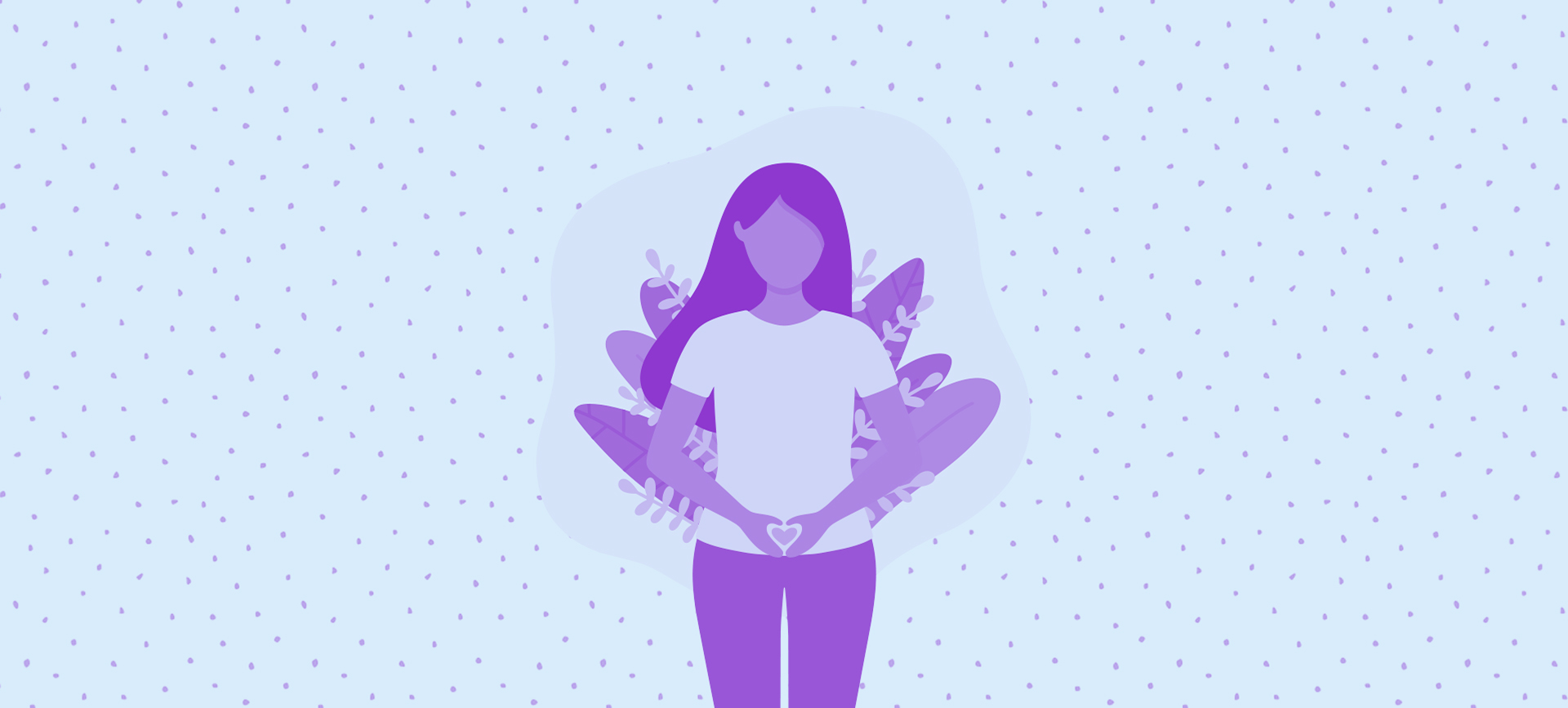 A woman in purple holds a heart near her uterus with purple leaves behind her.
