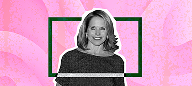 A black and white image of Katie Couric is framed by a green square against a pink textured background.