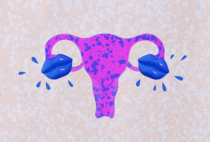 A purple female reproductive system has two blue lips over the ovaries.