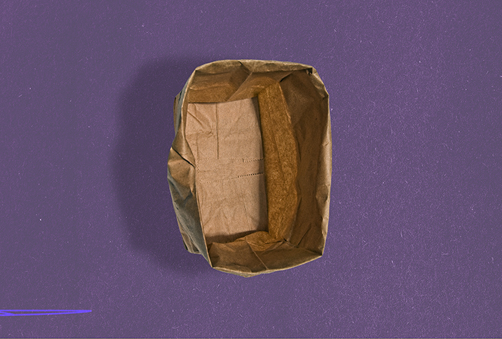 A paper bag stands open with the edges rolled down against a purple background.