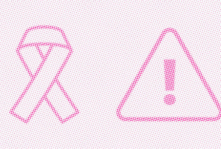 A pink breast cancer ribbon is next to a pink warning triangle. 