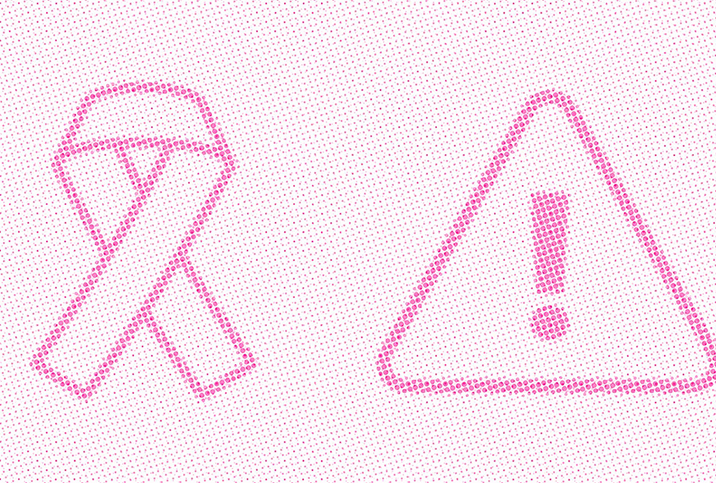A pink breast cancer ribbon is next to a pink warning triangle.