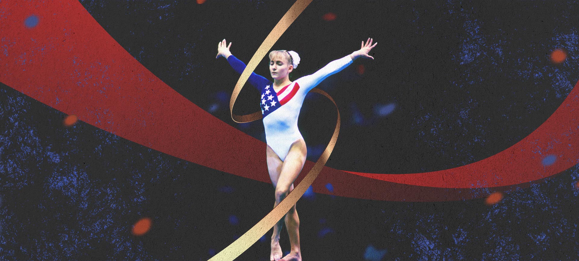 Shannon Miller competes on the balance beam with red and gold ribbons around her.