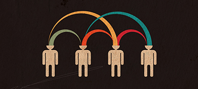 Four stick people's heads are connected by colorful, arched line.