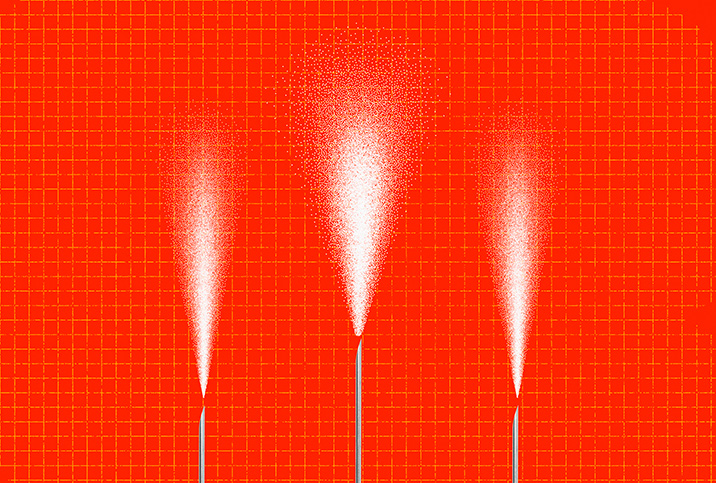 Three needles spray water vapor against a red checkered background.