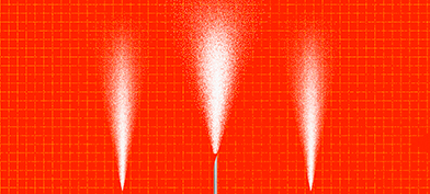 Three needles spray water vapor against a red checkered background.