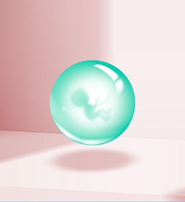 The corner of a pink room has a teal green bubble with a fetus floating inside.