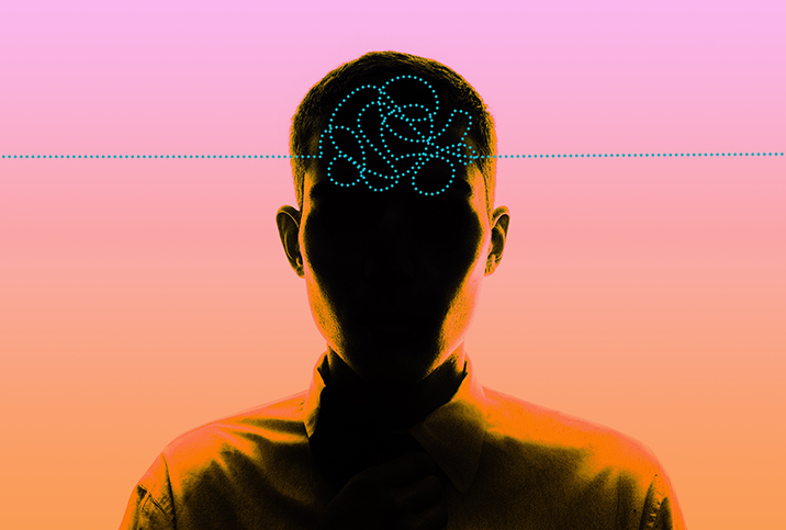 The darkened bust of a person has a blue dotted line going through the brain in circles and twists.