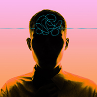 The darkened bust of a person has a blue dotted line going through the brain in circles and twists.