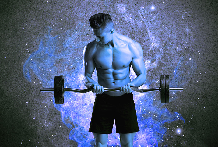 A man with big muscles stares at his arm while he lifts weights against a blue starry background.