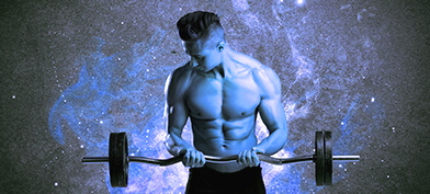 A man with big muscles stares at his arm while he lifts weights against a blue starry background.