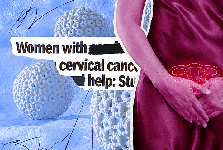 A woman with her hands over her cervix is next to a newspaper clipping about cervical cancer over a set of blue yarn balls.