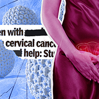 A woman with her hands over her cervix is next to a newspaper clipping about cervical cancer over a set of blue yarn balls.
