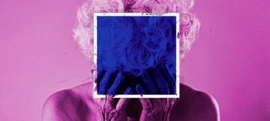 An elderly person with a pink filter holds their head in their hands and a blue, transparent square covers their face.