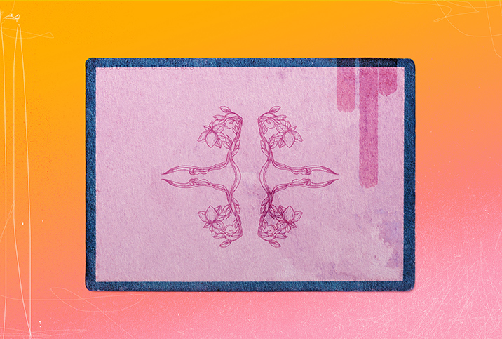 Two drawings of the female reproductive system are mirrored on a pink square against a pink and orange background. 