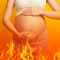 A pregnant woman holds her belly against an orange background with fire flames below.