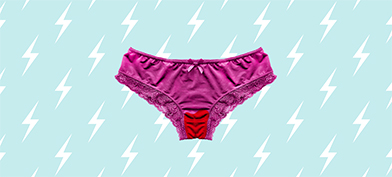 Magenta panties with a red-stained crotch are on top of a light blue background with a repeating lightning pattern.