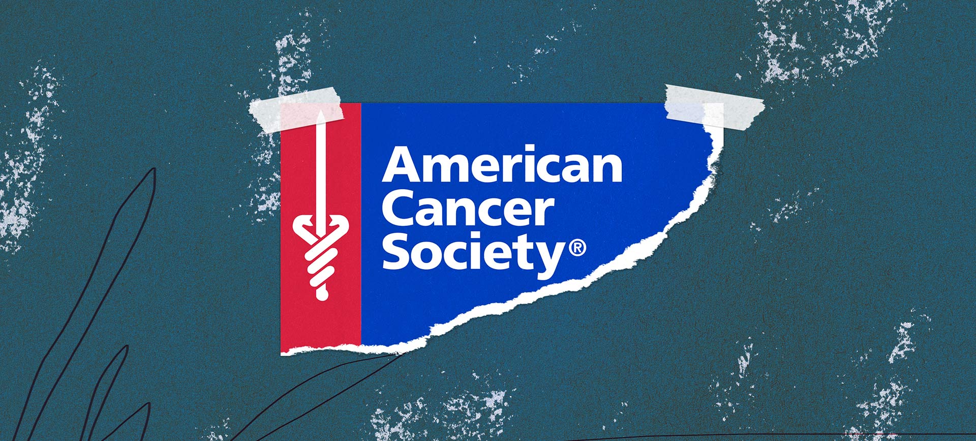 A torn page with the American Cancer Society logo is taped to a blueish grey background.