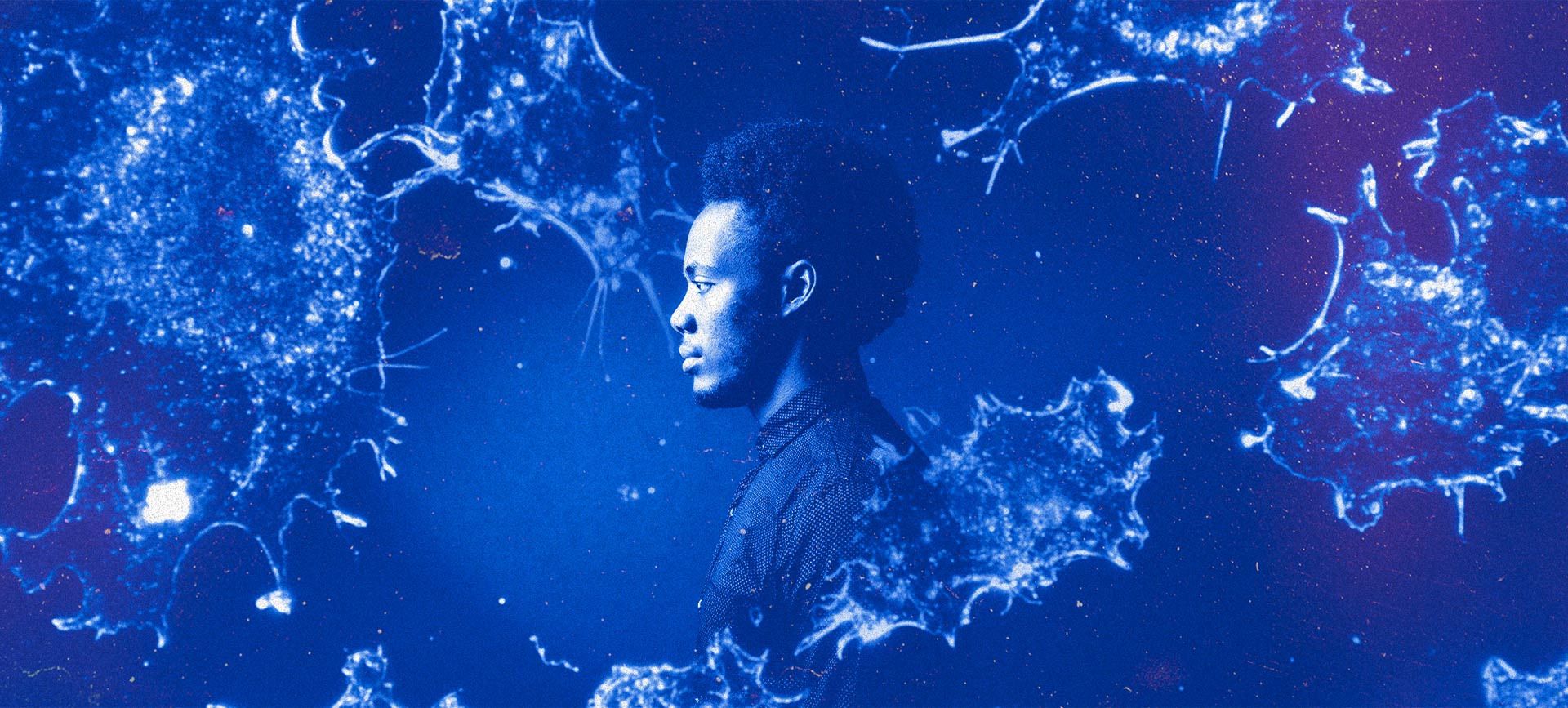 A profile of a man is surrounded by blue, floating shapes. 