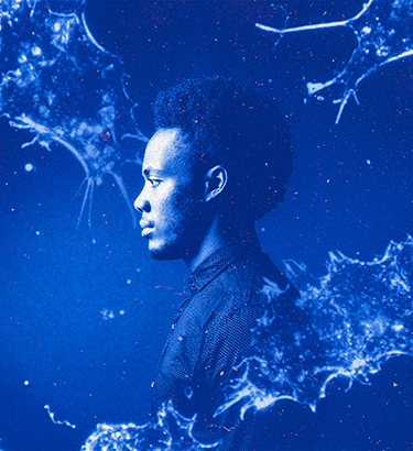A profile of a man is surrounded by blue, floating shapes. 