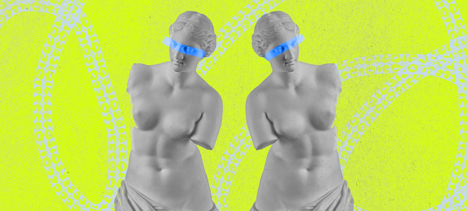 Two Roman statues stand next to each other facing opposite angles against a lime background with treads of DNA.