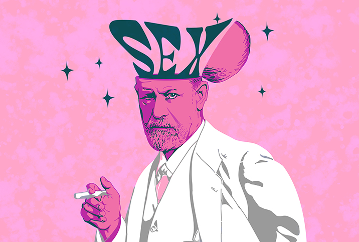 Sigmund Freud stands with a cigarette in his hand as the top of his head opens up to read the word sex.