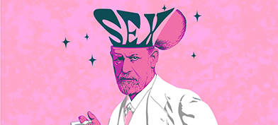 Sigmund Freud stands with a cigarette in his hand as the top of his head opens up to read the word sex.