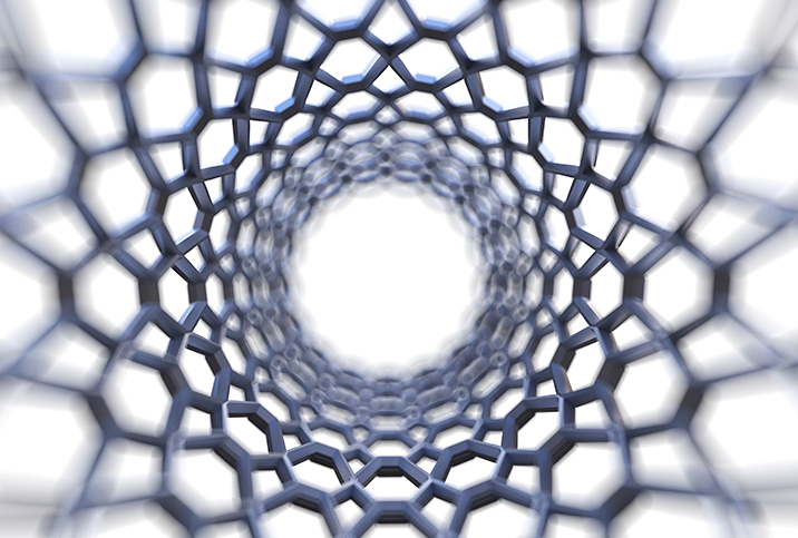 A look down the center of a grey stent against a white background.