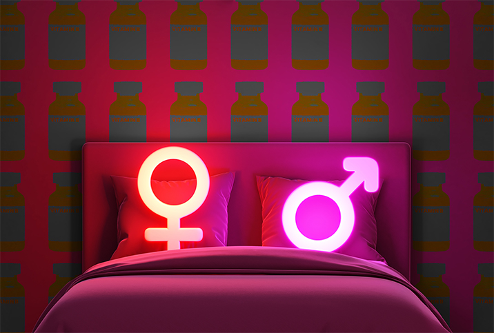 Neon lights in the shape of male and female glyphs are sitting in bed with a background pattern of pill bottles.