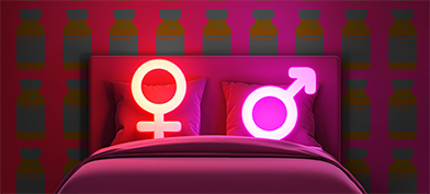 Neon lights in the shape of male and female glyphs are sitting in bed with a background pattern of pill bottles.