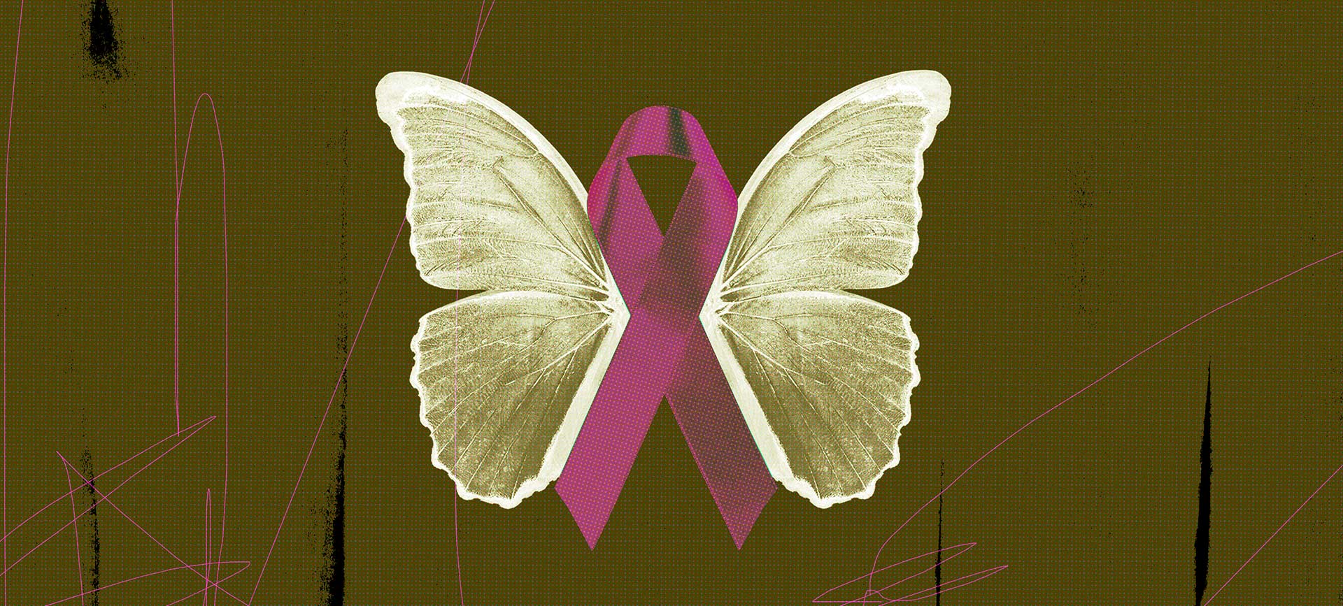 A butterfly with white wings has a pink breast cancer ribbon as the body. 