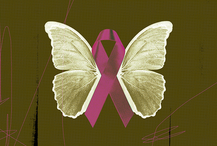 A butterfly with white wings has a pink breast cancer ribbon as the body. 