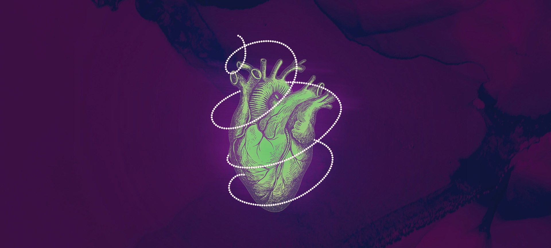A green and purple heart sits against a purple background with a ribbon of white dots swirling around it.