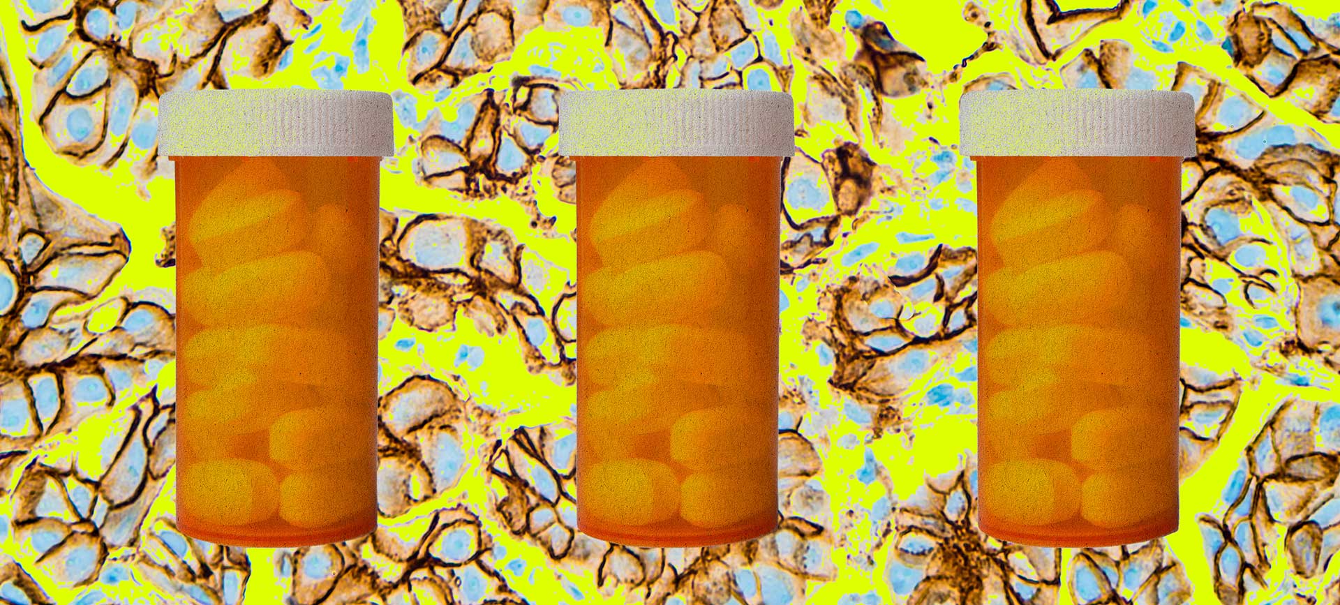 Three bottles of pills are lined up against a yellow and brown pattern of cancer cells.