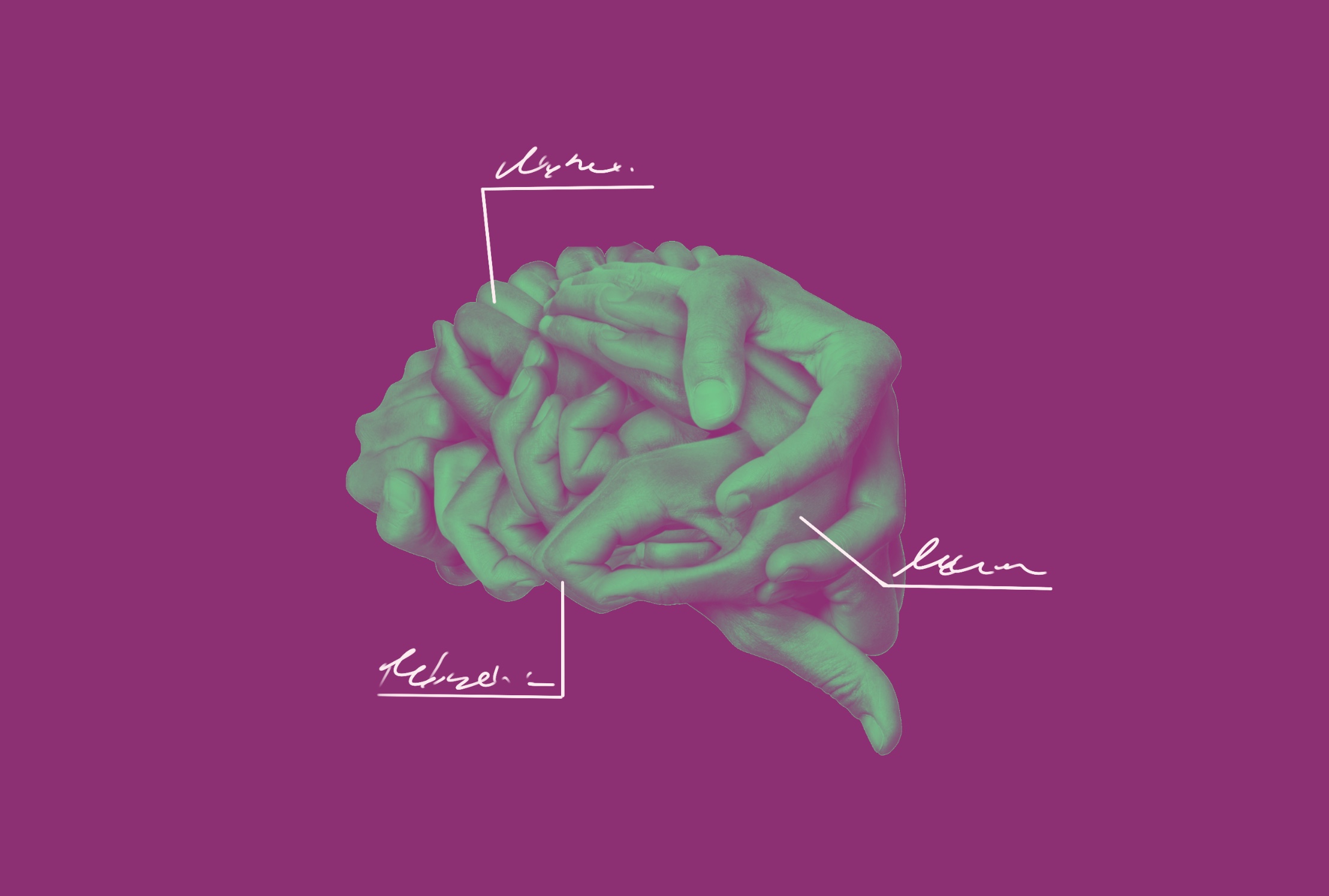 Intertwined hands with a green filter form the shape of a labeled brain on a purple background.