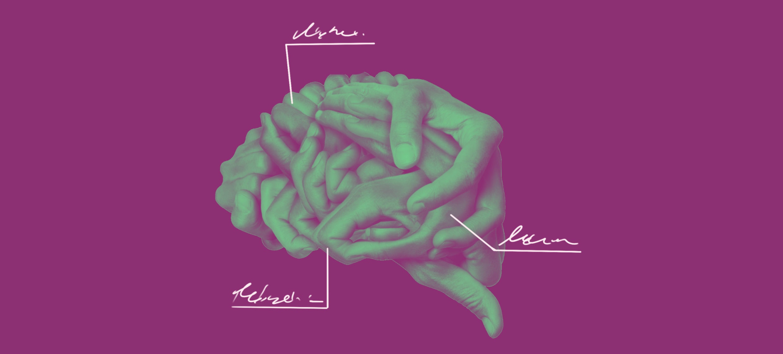 Intertwined hands with a green filter form the shape of a labeled brain on a purple background.