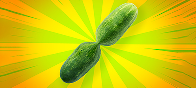 A zucchini with a pinched center has bright green and yellow beams shining from the hourglass shape.